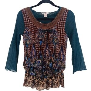 Alberto Makali Blouse Women's Size M Dark Teal Green & Brown Tank Overlay Aztec